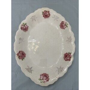 Antique Dresden Semi-Porcelain Oval Serving Platter Pink Floral 15.5 X 11.5